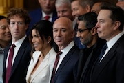 Guests including Mark Zuckerberg, Jeff Bezos, Sundar Pichai and Elon Musk, arrive before the 60th Presidential Inauguration in the Rotunda of the U.S. Capitol in Washington, Monday, Jan. 20, 2025. (AP Photo/Julia Demaree Nikhinson, Pool)