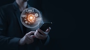 Business person and Artificial Intelligence technology on mobile, Man using screen technology AI concept, Internet Thinking and Data
