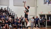 Alan Santiago (4) of Hudson Catholic serves against the Harrison Blue Tides during the Hudson County boys volleyball final at County Prep HS in Jersey City, NJ on Saturday, May 18, 2024

