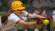 Elaina Faux (15) of Delran, bunts to advance a baserunner to third during an NJSIAA Central Jersey Group 2 Playoff, at Delran High School, in Delran, NJ on Friday, May 26, 2023.