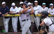 Jefferson's Josh Hale (19) gets a hit against Pequannock in the first round of the 2025 Morris County Tournament in Pequannock. May 2, 2025