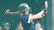 Megan Miller (12) of New Egypt with a base hit during the Ocean County Tournament softball semifinal between Jackson Memorial and New Egypt at Jackson Memorial High School in Jackson, NJ on 4/19/25.