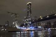 A masted Mexican Navy training ship, the Cuauhtémoc, sits stranded after colliding with the Brooklyn Bridge in New York on Saturday, May 17, 2025